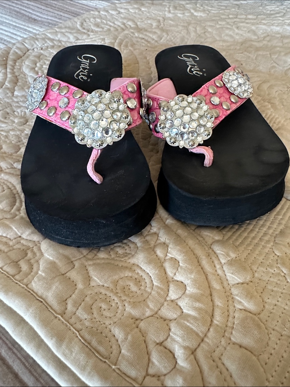 Grazie Pink Jeweled Platform Thong Sandals with Black Sole